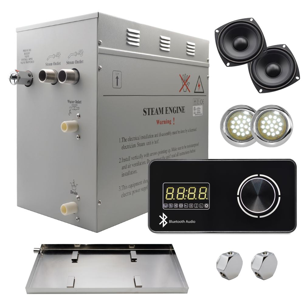 Steam Planet Superior Encore Plus 12kw Self-Draining Steam Bath Generator with Bluetooth Horizontal Digital Keypad in Black, Drip Pan and White Light-Steam Generator-Homeward Bath-Luxury Steam Showers