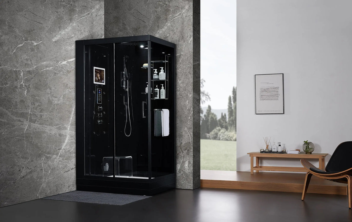 Black Platinum Lucca-L Steam Shower-Walk-In-Maya Bath-Luxury Steam Showers
