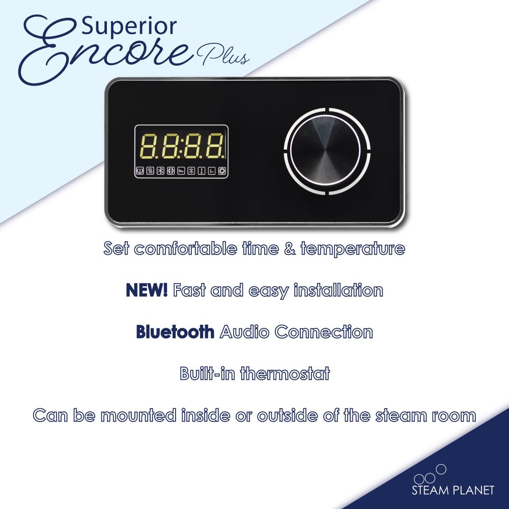 Steam Planet Superior Encore Plus 24kw Self-Draining Steam Bath Generator with Bluetooth Horizontal Digital Keypad in Black, Drip Pan and White Light-Steam Generator-Homeward Bath-Luxury Steam Showers
