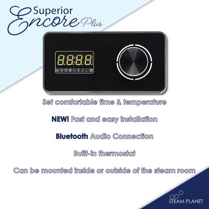 Steam Planet Superior Encore Plus 24kw Self-Draining Steam Bath Generator with Bluetooth Horizontal Digital Keypad in Black, Drip Pan and White Light-Steam Generator-Homeward Bath-Luxury Steam Showers